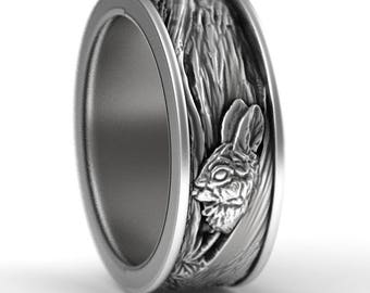 Sterling Silver Rabbit Wedding Ring, Rabbit Wedding Band, Silver Bunny Wedding Ring, Sterling Bunny Ring, Forest Wedding Ring, 1796