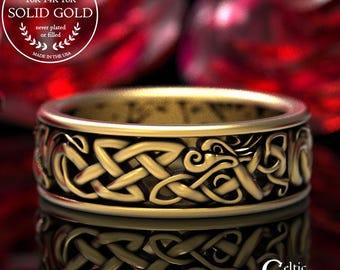 Gold Dragon Wedding Ring, Mens Gold Dragon Ring, Mens Dragon Wedding Band, Celtic Dragon Wedding Ring, Gold Celtic Dragon Ring, 1172