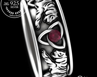 Ruby Tiger Ring, Men Tiger Wedding Ring, Sterling Tiger Jewelry, Silver Safari Jewelry, Tiger Spirit Animal, King of the Jungle, 3119