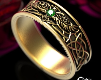 Mens Gold & Emerald Raven Wedding Band, Mens Gold Celtic Ring, Raven Ring for Men, Viking Raven Wedding Ring, Mens Gold Raven Ring, 1164