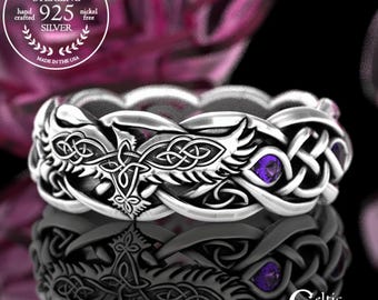 Womens Silver Raven Wedding Ring, Amethyst Raven Wedding Band, Sterling Viking Ring, Viking Raven Ring, Celtic Raven Wedding Ring, 4728