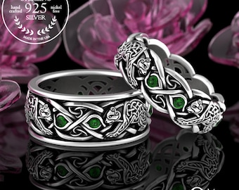 His Hers Nordic Viking Wedding Bands, Sterling Emerald Bear Rings, Matching Bear Wedding Rings, Scottish Bear Ring, Irish Knotwork 3095 1682
