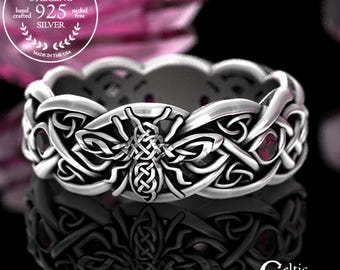 Ruby Bee Ring, Bumblebee Wedding Ring, Sterling Silver Honey Bee Ring, Queen Bee Ring, Ruby Irish Bee Ring, Celtic Bee Wedding Ring, 3086