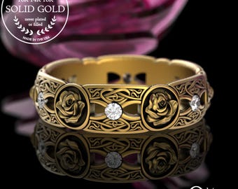Womens 10K Gold Rose Wedding Ring, 14K Moissanite Celtic Rose Ring, 14K Irish Rose Wedding Band, Diamond Platinum Scottish Rose Ring, 3046