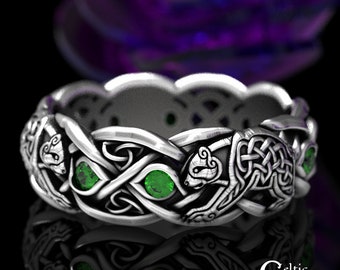 Emerald Bear Ring, Sterling Silver Bear Ring, Celtic Bear Ring, Celtic Wedding Band, Celtic Animal Ring, Celtic Emerald Wedding Band, 1682