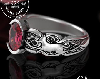 Sterling Oval Ruby Cat Statement Ring, Scottish Kitty Cat Solitaire, Silver Bezel-Set Bridal Ring, Irish Lady Cat Engagement Ring, 3274