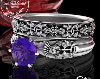 Scottish Thistle Engagement Ring Set, Amethyst Thistle Ring, Sterling Matching Engagement Set, Silver Irish Bridal Wedding Rings, 1894 1771