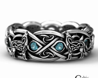 Sterling Silver Celtic Wolf Ring with Spinel, Eternity Band Celtic Wolf Jewelry, Wolf Wedding Ring, Celtic Wolf Ring, Viking Wolf Ring, 1267