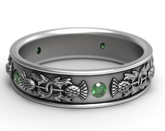 Emerald Thistle Wedding Band, Sterling Silver Scottish Ring, Botanical Jewelry, Flower Nature Sterling Ring, Scottish Heritage Ring, 1781