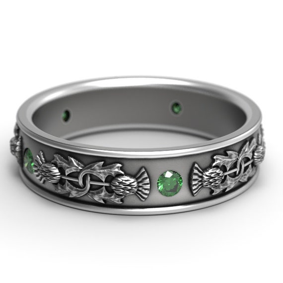 Emerald Thistle Wedding Band, Sterling Silver Scottish Ring, Botanical Jewelry, Flower Nature Sterling Ring, Scottish Heritage Ring, 1781