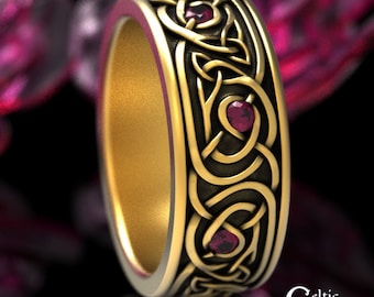 14K Mens Gold Ruby Celtic Ring, 10K Gold Celtic Ring, 10K Celtic Wedding Ring, Mens Ruby Wedding Band, Gold Celtic Wedding Ring, 1917