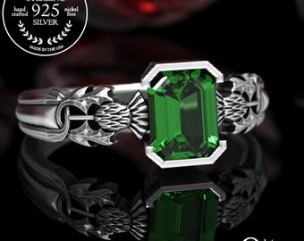 Emerald Thistle Engagement Ring, Sterling Emerald-Cut Solitaire Ring, Womens Celtic Botanical Wedding Ring, Silver Scottish Bridal, 3200