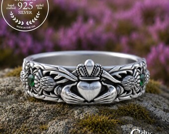 Emerald Thistle Claddagh Ring, Sterling Sapphire Thistle Union Ring, Women's Thistle Wedding Band, Silver Alexandrite Heart Hands Ring, 3244