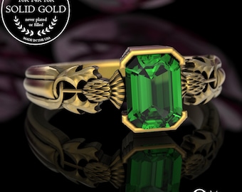 Emerald-Cut Gold/White Gold Scottish Engagement Ring, 10K 14K 18K Thistle Solitaire Ring, Platinum Emerald Irish Bride Wedding Ring, 3200