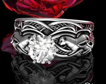 Otter Bridal Engagement Ring Set with Moissanite, Sterling Stacking Water Spirit Wedding Band Set, River Otters Chevron Ring, 3060 1971