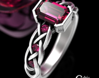 Ruby Emerald-Cut Engagement Ring, Sterling Womens Celtic Engagement Ring, Celtic Ruby Rectangle Ring, Sterling Ruby Wedding Ring, 1849