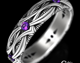 Sterling Womens Amethyst Ring, Amethyst Celtic Wedding Band, Silver Irish Wedding Ring, Silver Womens Wedding Band, Scottish Ring, 1404