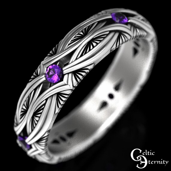 Sterling Womens Amethyst Ring, Amethyst Celtic Wedding Band, Silver Irish Wedding Ring, Silver Womens Wedding Band, Scottish Ring, 1404