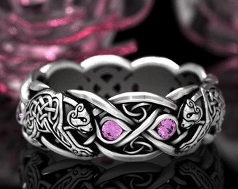Sterling Silver Bear Ring, Celtic Bear Wedding Band, Pink Sapphire Ring, Infinity Ring with Pink Sapphires, Pink Wedding Ring, 1682