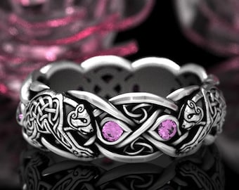 Sterling Silver Bear Ring, Celtic Bear Wedding Band, Pink Sapphire Ring, Infinity Ring with Pink Sapphires, Pink Wedding Ring, 1682