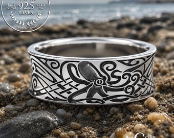 Sterling Silver Octopus Ring, Engraved Wedding Band, Octopus Ring, Octopus Jewelry, Silver Norse Ring, Viking Wedding Band, Sea Ring, 1786