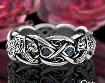 Alexandrite Bear Ring, Sterling Silver Bear Ring, Celtic Bear Ring, Bear Wedding Band, Celtic Alexandrite Ring, Womens Bear Ring, 1682