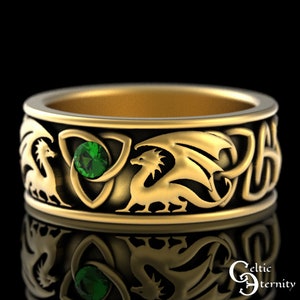 10K Gold & Emerald Dragon Wedding Band, Gold Mens Wedding Ring, 14K Gold Irish Dragon Ring, Viking Dragon Ring, 18K Norse Dragon Ring, 3052