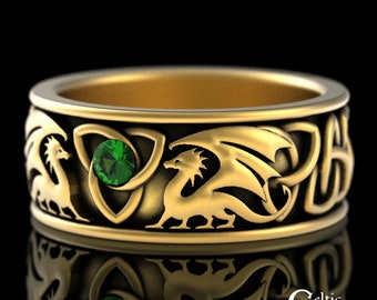 10K Gold & Emerald Dragon Wedding Band, Gold Mens Wedding Ring, 14K Gold Irish Dragon Ring, Viking Dragon Ring, 18K Norse Dragon Ring, 3052