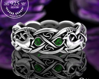 Celtic Emerald Deer Ring, Sterling Silver Stag Wedding Ring, Irish Emerald Antler Wedding Band, Celtic Forest Theme Ring, Stag Ring, 3128