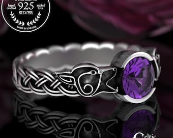 Sterling Guardian Wolf Bridal Ring, Amethyst Viking Wolves Engagement Ring, Silver Ruby Wolf Pack Wedding Band, Nordic Pagan Jewelry, 3306