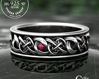 Classic Ruby Irish Wedding Ring for Man, Sterling Celtic Groom with Woven Knotwork, Eternal Vow Renewal Ring, Celtic Anniversary Ring, 1992