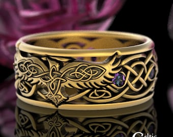 Mens Raven Wedding Band, 10K Gold Alexandrite Mens Wedding Ring, 10K Gold Raven Ring, Viking Wedding Band, 10K Celtic Raven Jewelry, 9728
