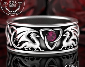 Norse Sterling Dragon Ring, Ruby Dragon Wedding Band, Celtic Ruby Dragon Ring, Nordic Mens Wedding Ring, Silver Irish Dragon, 3052