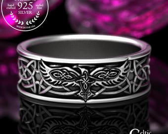 Sterling Celtic Raven Ring, Raven Wedding Band, Mens Wedding Band, Mens Raven Ring, Silver Mens Celtic Ring, Silver Viking Raven, 1161