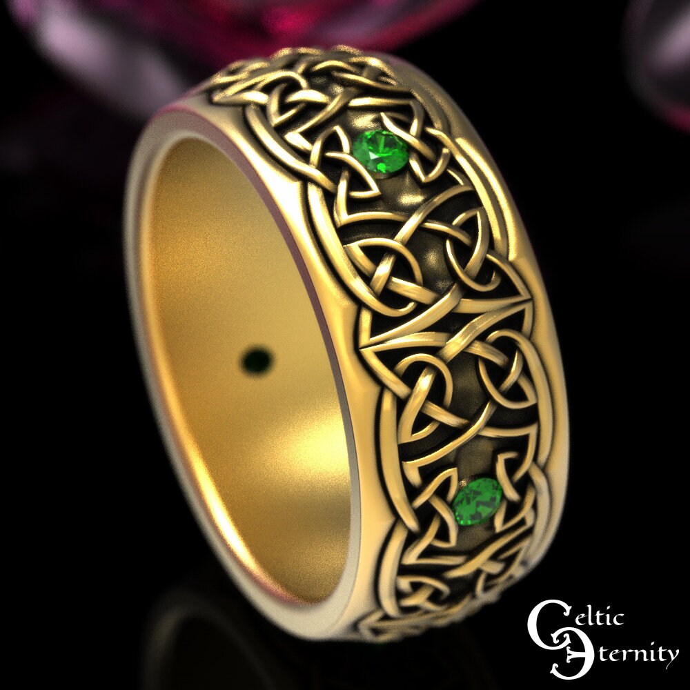 Mens Emerald Irish Ring, Mens Celtic Gold Ring, Gold Emerald Mens Ring, 10K Gold Celtic Wedding