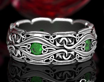 Mens Celtic Mushroom Ring, Wide Celtic Mens Wedding Band, Emeralds & Sterling Silver Ring, Mens Silver Wedding Ring, Mushroom Ring, 1535