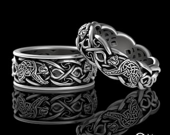 Sterling Scottish Bear Rings, Silver Matching His Hers Couples Wedding Band Set, Woven Knotwork Wedding Set, Bear Spirit Animal, 3094 9021