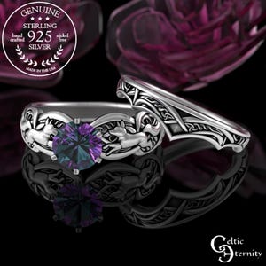 Alexandrite Fox Engagement Ring Set, Sterling Matching Foxes Wedding Set, Silver Bridal Stacking Rings, 925 Kitsune Proposal Set, 3071 1971