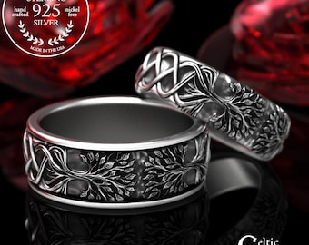 Matching Woven Tree Rings, Sterling His Hers Forest Wedding Set, Botanical Couples Rings in Silver, Druid Nature Lovers Ring Set, 2035 2036