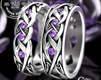Classic Amethyst His Hers Wedding Bands, Sterling Celtic Matching Rings, Irish Weave Ring Set, Silver Scottish Man Woman Jewelry, 2138 2139