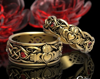 His Hers Gold Claddagh Ring Set with Rubies, Modern Claddagh Wedding Ring Set, Celtic Matching Wedding Band, Irish Love Ring 1684 1688