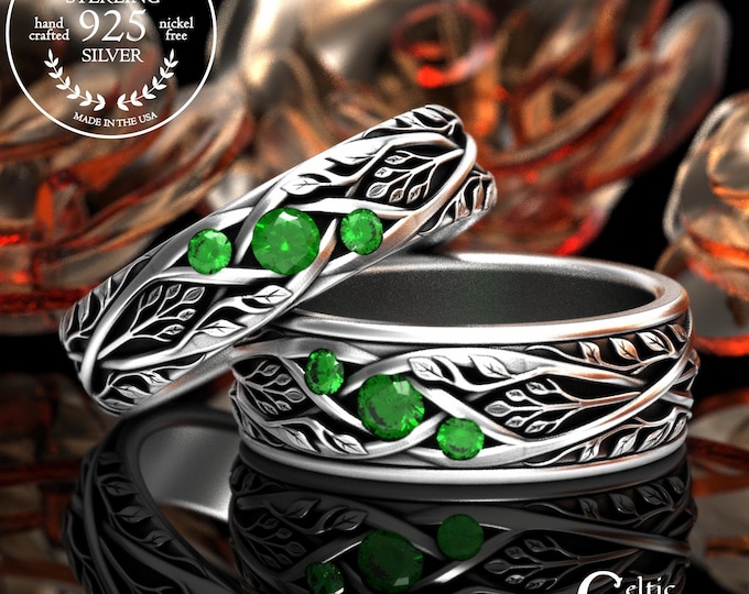 Featured listing image: Matching Emerald Tree of Life Wedding Set, Sterling Irish Forest Bride Groom Rings, Silver Botanical Celtic Nature Ring Set, 2132 2133