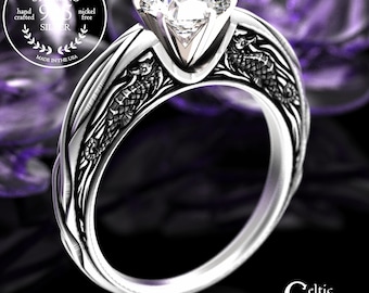 Moissanite Seahorse Bridal Ring, Sterling Silver Ocean Engagement Ring, Marine Animal Solitaire Ring, 2116