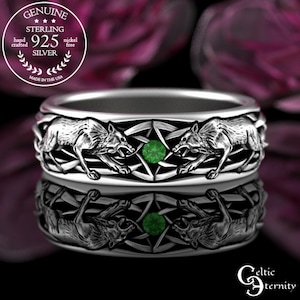 Sterling & Emerald Men Wolves Ring, Silver Direwolf Ring, Green Viking Wolf Ring, Groom Wedding Band, House Stark Ring, Winterfell Ring 4747