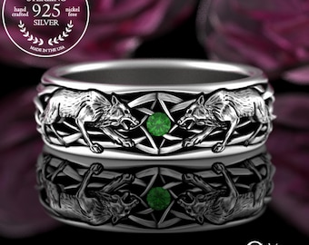 Sterling & Emerald Men Wolves Ring, Silver Direwolf Ring, Green Viking Wolf Ring, Groom Wedding Band, House Stark Ring, Winterfell Ring 4747