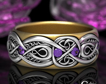 Gold & Silver Amethyst Mens Wedding Band, Celtic 2Tone Wedding Ring, 2tone Infinity Ring, Gold Celtic Infinity Ring, 2tone Gold Ring, 1758