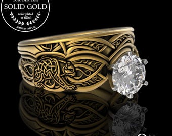 Gold Bear Stacking Engagement Set, 1 Carat Matching Gold Bridal Set, 10K 14K Womans Celtic Knotwork, Platinum Irish Wedding Set, 3176 1971