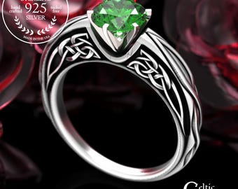 Sterling Celtic Knotwork Engagement Ring, Irish Bride's Emerald Wedding Ring, Gallery Scrollwork Solitaire, 2113