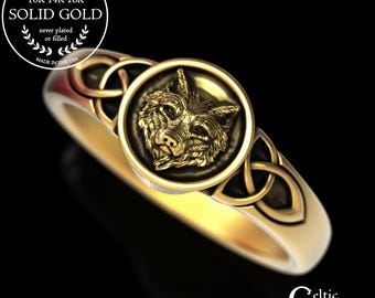 Womens Gold Wolf Head Statement Ring, 10K Wolf Family Crest Ring, 14K Welsh Wolf Ring, 18K Werewolf Ring, Simple Ladies Wolf Ring, 2027
