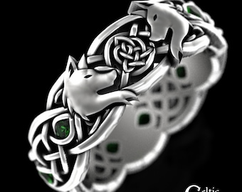 Emerald Wolves Wedding Band, Sterling Celtic Wolf Ring, Womens Wolf Wedding Ring, Emerald Irish Wedding Band, Silver Womens Irish Ring, 9101